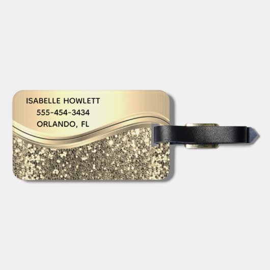 Roos Gold Faux Glitter Bling Personalized Metal Bagagelabel (Achterkant horizontaal)