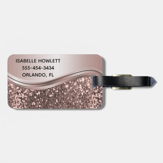 Roos Gold Faux Glitter Bling Personalized Metal Bagagelabel (Achterkant horizontaal)