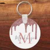 Roos Gold Faux Glitter Drift op wit monogram Sleutelhanger (Voorkant)