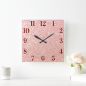 Roos Gold Faux Glitter Elegant Burgundy Numbers Vierkante Klok (Huis)