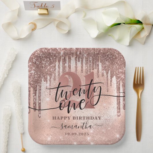 Roos Gold Faux Glitter & Folie 21e verjaardag Papieren Bordje (Huwelijk)