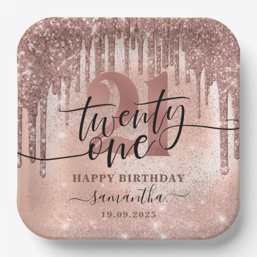 Roos Gold Faux Glitter & Folie 21e verjaardag Papieren Bordje (Voorkant)