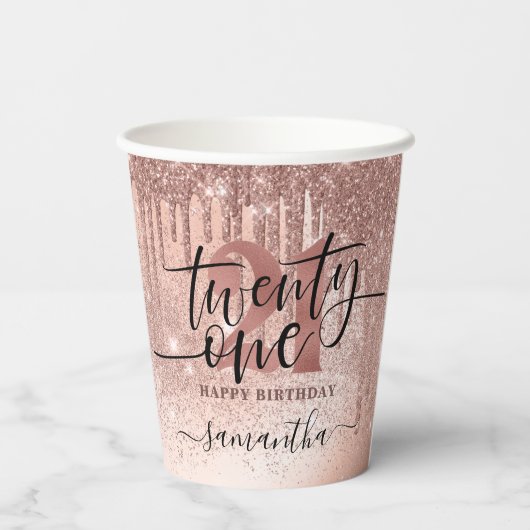 Roos Gold Faux Glitter & Folie 21ste verjaardag Papieren Bekers (Achterkant)