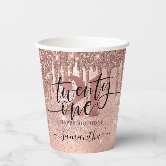 Roos Gold Faux Glitter & Folie 21ste verjaardag Papieren Bekers (Voorkant)