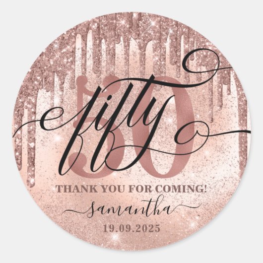 Roos Gold Faux Glitter & Folie 50e verjaardag Ronde Sticker (Voorkant)