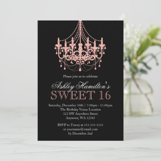 Roos Gold Faux Glitter Kroonluchter Sweet 16 Kaart (Staand voorkant)