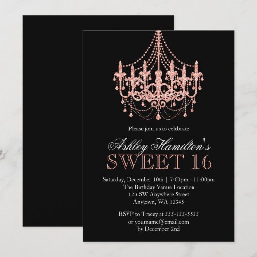 Roos Gold Faux Glitter Kroonluchter Sweet 16 Kaart (Voorkant / Achterkant)