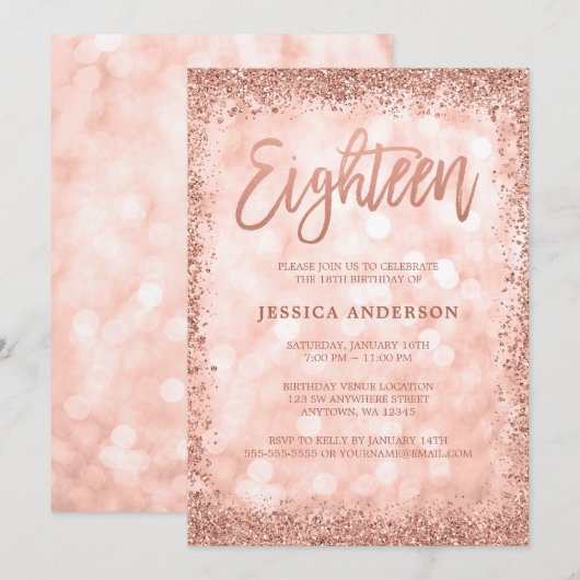 Roos Gold Faux Glitter Lights 18e Verjaardag Kaart (Voorkant / Achterkant)