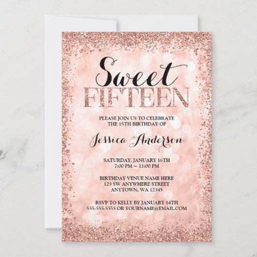 Roos Gold Faux Glitter Lights Sweet 15 Quinceanera Kaart (Voorkant)