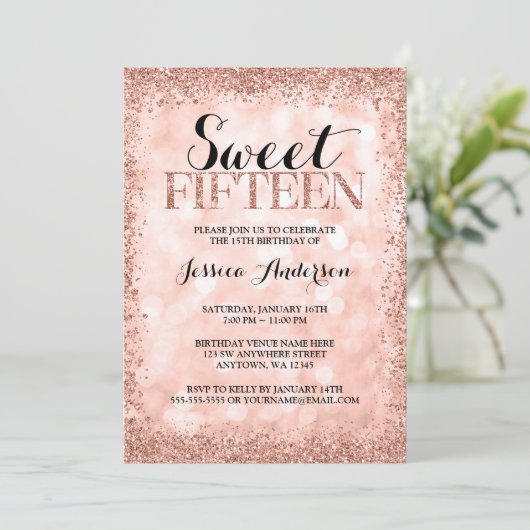 Roos Gold Faux Glitter Lights Sweet 15 Quinceanera Kaart (Staand voorkant)