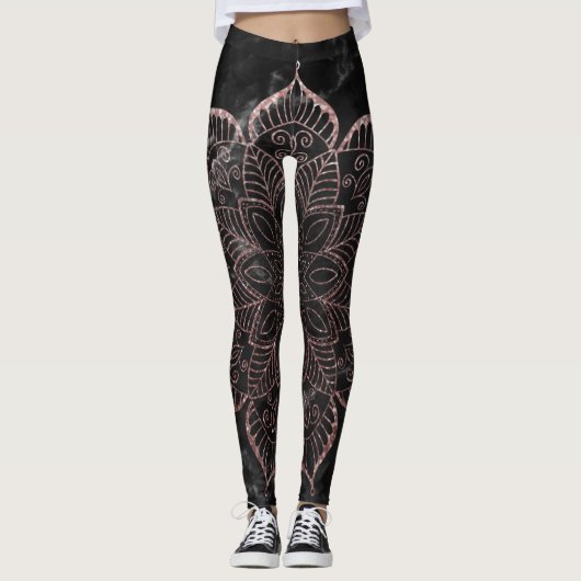 Roos Gold Faux Glitter Mandala op zwarte marmer Leggings (Voorkant)