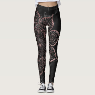 Roos Gold Faux Glitter Mandala op zwarte marmer Leggings