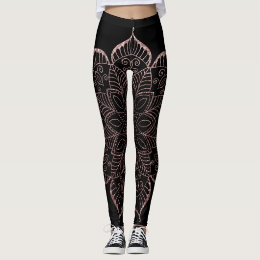 Roos Gold Faux Glitter Mandala over Solid Black Leggings (Voorkant)