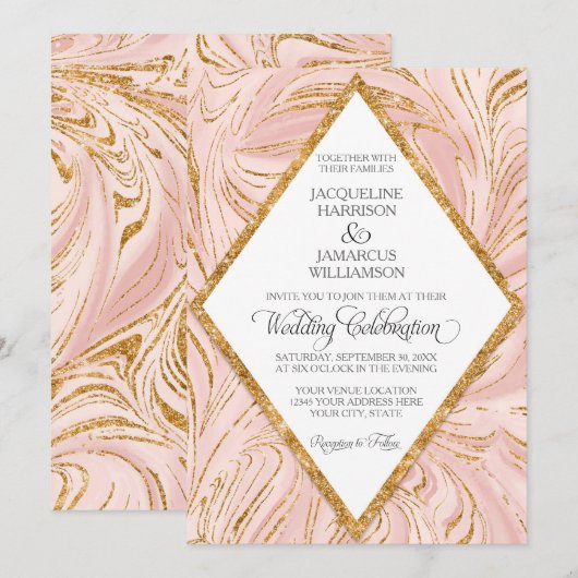 Roos Gold Faux Glitter Marble Blush Paper Weddensc Kaart (Voorkant / Achterkant)