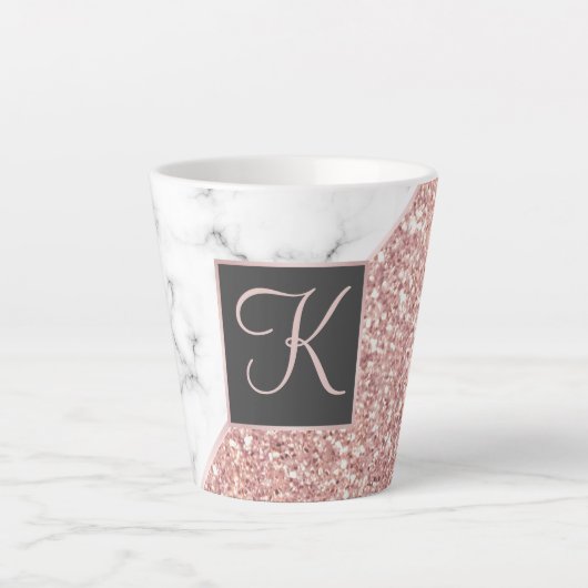 Roos Gold Faux Glitter Marble Monogrammed Latte Mok (Voorkant)