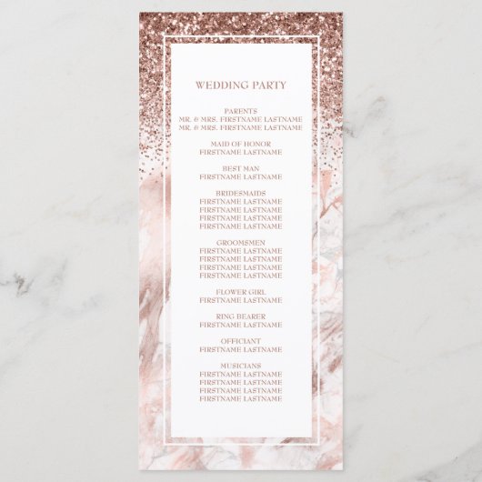 Roos Gold Faux Glitter Marble Script Wedding Programmakaart (Achterkant)