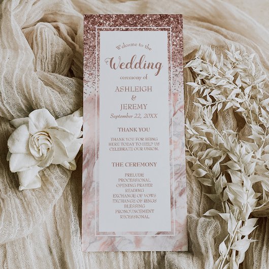 Roos Gold Faux Glitter Marble Script Wedding Programmakaart