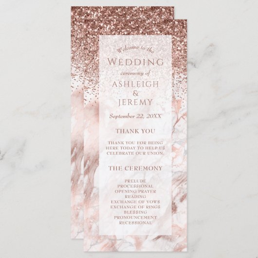 Roos Gold Faux Glitter Marble Wedding Program (Voorkant / Achterkant)