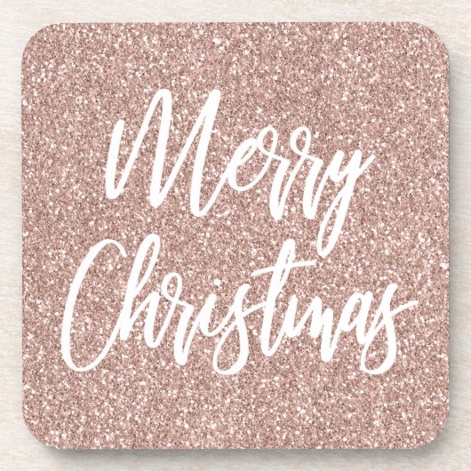 Roos Gold Faux Glitter Merry Kerstkalligrafie Bier Onderzetter (Voorkant)