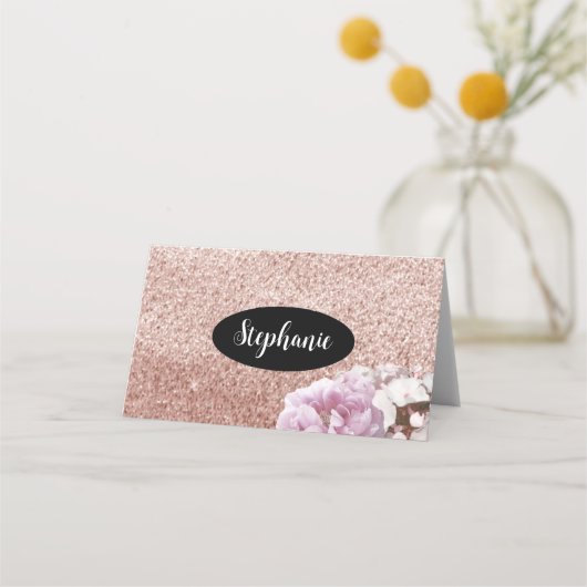 Roos Gold Faux Glitter Name Holder Place Card Plaatskaartje (Voorkant)