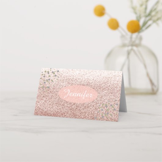 Roos Gold Faux Glitter Name Place Holder Plaatskaartje (Voorkant)
