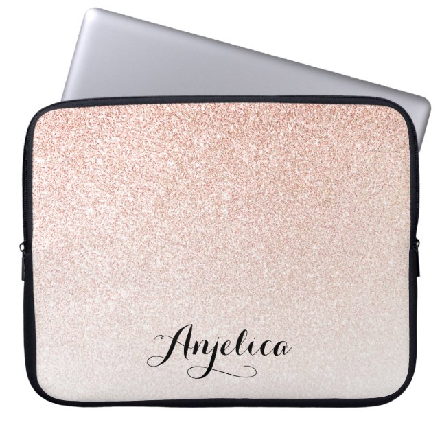 Roos Gold Faux Glitter Ombre Name Persoonlijk Laptop Sleeve (Voorkant)