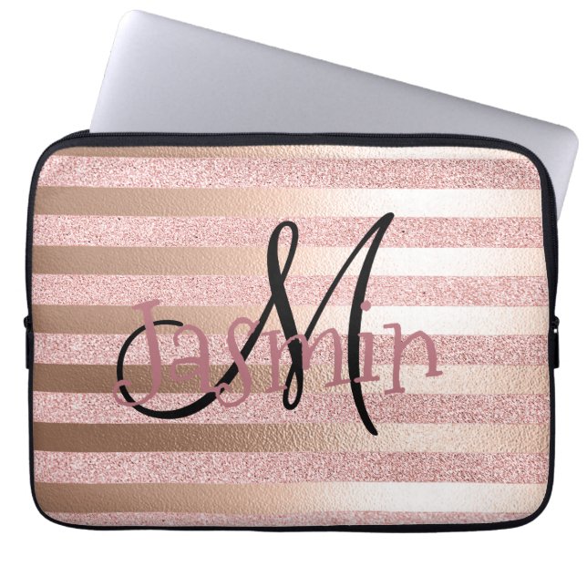 Roos Gold Faux Glitter & Roos Gold Foil Stripes Laptop Sleeve (Voorkant)