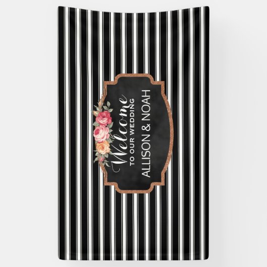 Roos Gold Faux Glitter Roze Bloemen Strepen Huweli Spandoek (Verticaal)