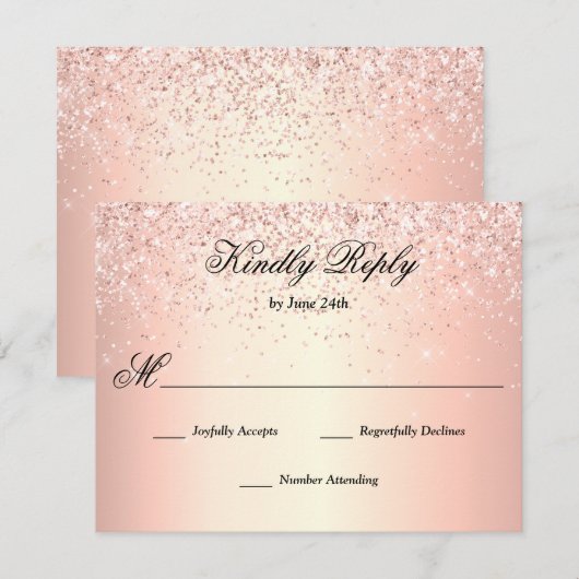 Roos Gold Faux Glitter Sparkle RSVP Kaartje (Voorkant / Achterkant)