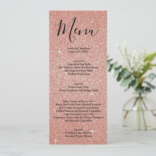 Roos Gold Faux Glitter Wedding Menu Menus (Staand voorkant)