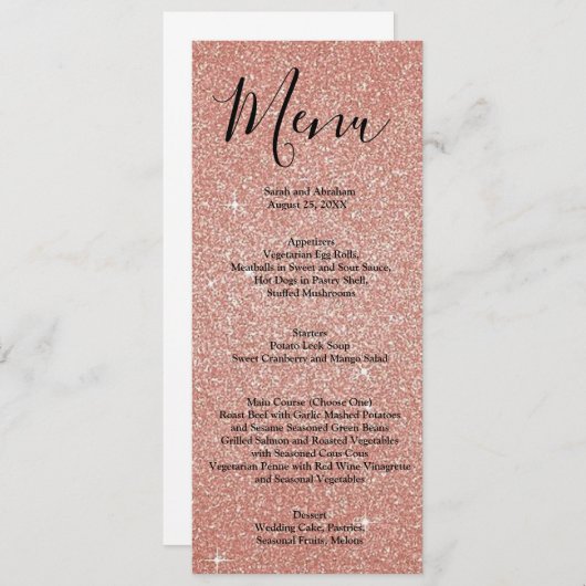 Roos Gold Faux Glitter Wedding Menu Menus (Voorkant / Achterkant)