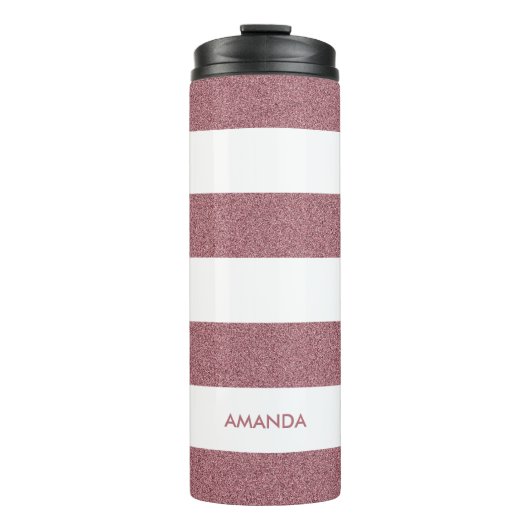 Roos Gold Faux Glitter white Stripe voeg jouw naam Thermosbeker (Voorkant)
