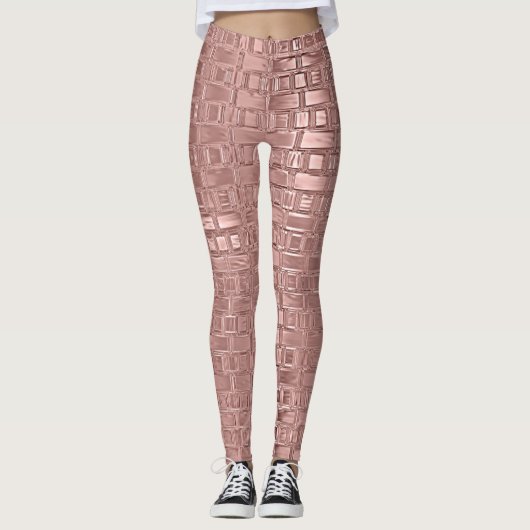 Roos Gold Faux Metallic Geometric Brick pattereerd Leggings (Voorkant)