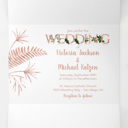 Roos Gold Ferns bruiloft drievoudige uitnodiging (Binnenkant midden)
