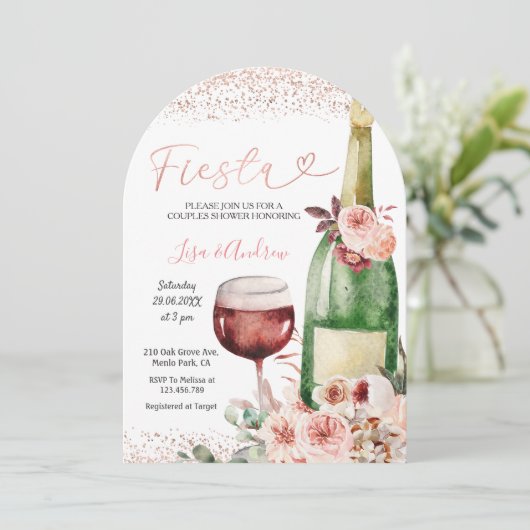 Roos Gold Fiesta Couples Douche Uitnodiging (Staand voorkant)