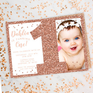 Roos Gold First Birthday Invitation, Faux Glitter Kaart