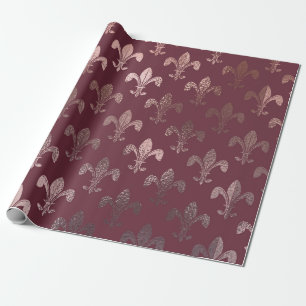 Roos Gold Fleur-de-Lis Pattern op Bourgogne Cadeaupapier