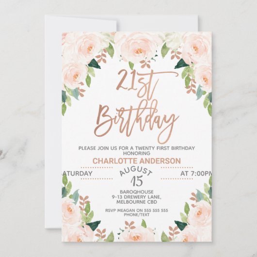 Roos Gold Floral 21e uitnodiging (Voorkant)