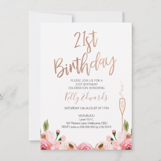 Roos Gold Floral 21e verjaardagsuitnodiging Kaart (Voorkant)