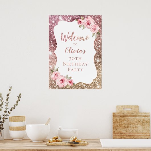 Roos Gold floral, 30ste verjaardag, welkomstteken Poster (Keuken)