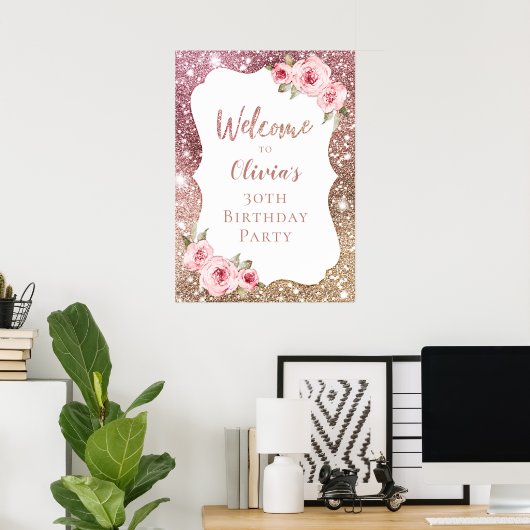 Roos Gold floral, 30ste verjaardag, welkomstteken Poster (Thuiskantoor)