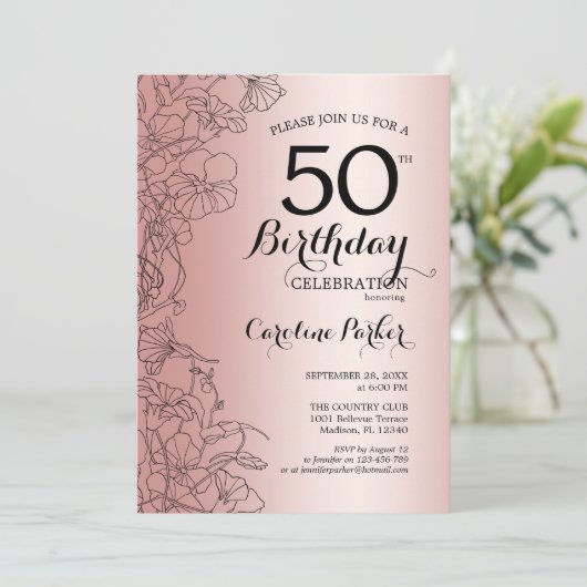 Roos Gold Floral 50e verjaardag Kaart (Staand voorkant)