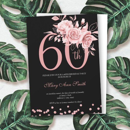 Roos Gold Floral 60th Birthday Party Black Kaart