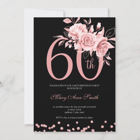Roos Gold Floral 60th Birthday Party Black Kaart (Voorkant)