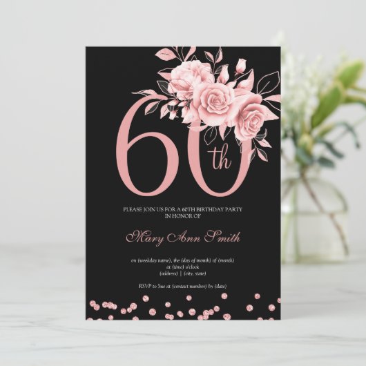 Roos Gold Floral 60th Birthday Party Black Kaart (Staand voorkant)