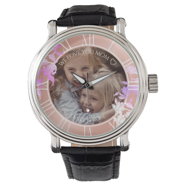 Roos Gold Floral - Aangepast kinderfotosjabloon Horloge (Voorkant)