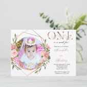 Roos Gold Floral Baby Girl 1e verjaardag Uitnodigi Aankondiging (Staand voorkant)