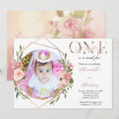 Roos Gold Floral Baby Girl 1e verjaardag Uitnodigi Aankondiging (Voorkant / Achterkant)