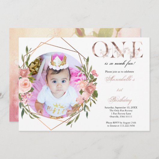 Roos Gold Floral Baby Girl 1e verjaardag Uitnodigi Aankondiging (Voorkant / Achterkant)