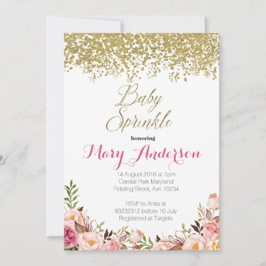 Roos Gold Floral Baby Sprinkle Invitaties Kaart (Voorkant)